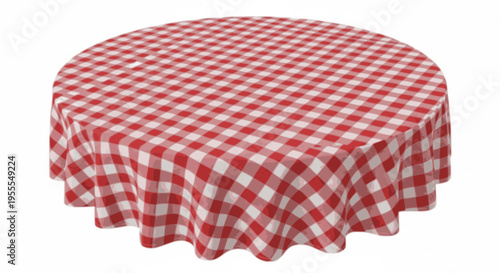 Red and white checkered round tablecloth PNG isolated on transparent background, classic picnic fabric for dining and decoration
