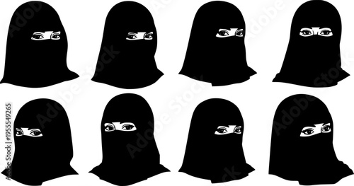 Muslim woman wearing black niqab and hijab portrait set vector illustration depicting traditional Islamic modest dress for middle eastern culture and religion.