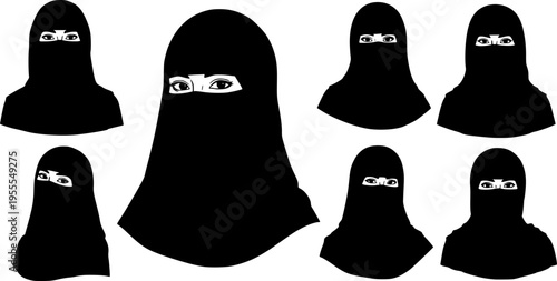 Muslim woman wearing black niqab and hijab portrait set vector illustration depicting traditional Islamic modest dress for middle eastern culture and religion.