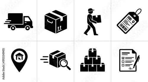 Shipping & Logistics Icons Vector – Truck, Package, Courier, Scooter & Pallet