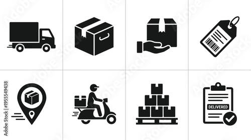 Shipping & Logistics Icons Vector – Truck, Package, Courier, Scooter & Pallet