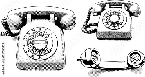 Vintage rotary telephones in halftone style with three different perspectives
