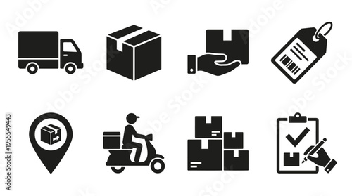 Shipping & Logistics Icons Vector – Truck, Package, Courier, Scooter & Pallet