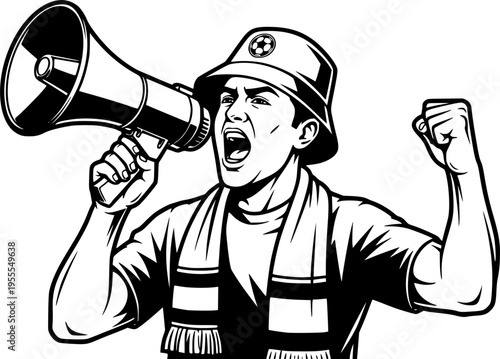 Soccer Ultra Fan with Megaphone and Bucket Hat Cheering Vector
