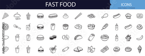Unhealthy fast food icon collection bundle showing burger pizza and fries for restaurant menu application design elements