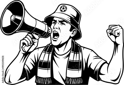 Soccer Ultra Fan with Megaphone and Bucket Hat Cheering Vector
