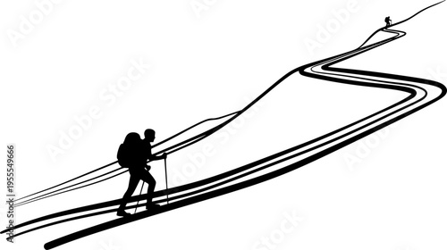 Hiker Climbing Switchback Trail Silhouette Vector Illustration
