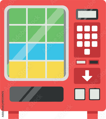 Colorful vending machine icon with product display window, keypad and payment slot, modern retail technology vector illustration for automatic sales and convenience service