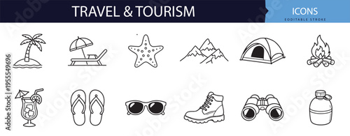 Summer travel and tourism icon bundle displaying beach mountains and luggage for modern vacation agency web applications