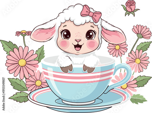 Cute baby lamb sitting inside teacup with pink flowers and bow, adorable cartoon animal illustration in pastel colors for nursery design, greeting cards and stickers