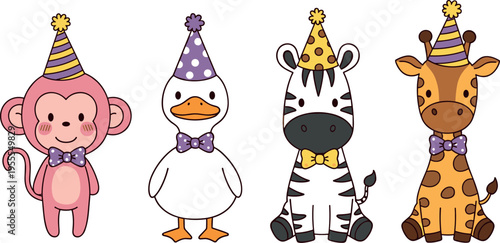 Cute cartoon animal birthday characters set with monkey duck zebra and giraffe wearing party hats and bow ties, festive nursery illustration collection isolated background