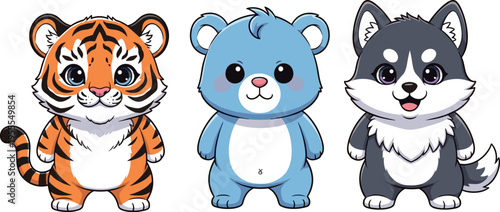 Cute cartoon animal characters set featuring tiger cub, teddy bear and husky puppy in kawaii style isolated vector illustration for nursery design, stickers and branding