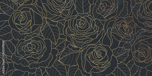 Vector set of roses, gold art flowers, luxury design illustration, dark background. Art deco fancy nature elegant drawing, bloom, garden elements.