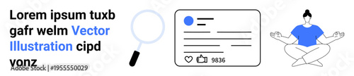 Social media, mindfulness, online engagement, user interface, focus, content exploration. Magnifying glass, profile post layout with thumbs ups person meditating. Social media and mindfulness