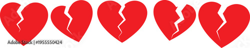 A collection of five vibrant red broken heart icons arranged in a horizontal line on white background Vector