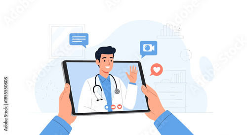 Doctor on tablet screen waving hello, online consultation, telemedicine, healthcare concept