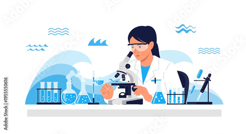 Female scientist studying water samples with microscope, laboratory research, environmental science