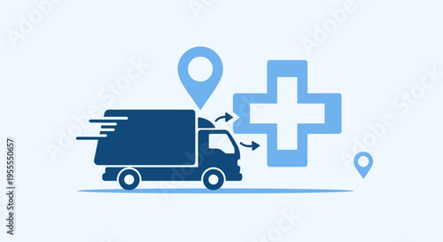 Medical Delivery Truck with GPS Pin and Health Cross Icon, Healthcare Logistics Concept