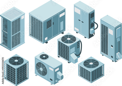 Isometric HVAC air conditioning units set with compressors cooling systems ventilation equipment climate control technology vector illustration modern collection design