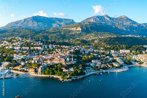 Aerial view of Herceg Novi, drone shot sunset time, Montenegro