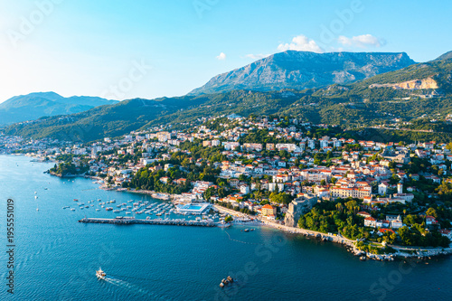 Aerial view of Herceg Novi city sunset time, Montenegro
