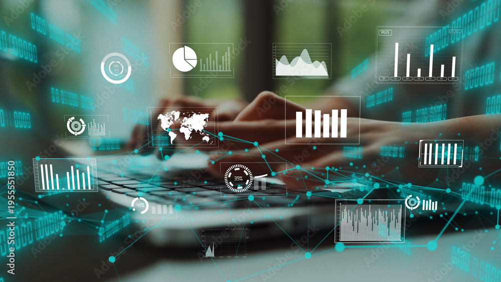 Αυτοκόλλητο A conceptual image illustrating business analytics and data visualization with digital graphs and charts floating above a laptop keyboard in a modern office setting