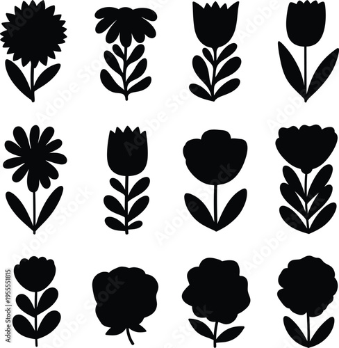 Black silhouette flowers and leaves collection with hand drawn