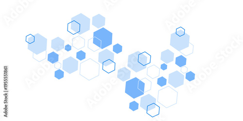 A flowing, wavy arrangement of blue and white hexagons of various sizes and opacities on a white background.