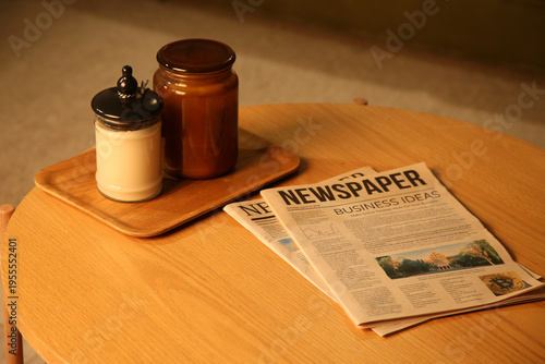 Newspapers with jars on tab...
