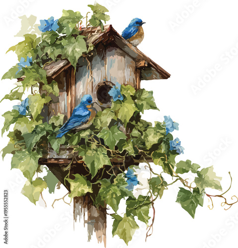 Blue tit perched on a wooden birdhouse in a garden with trees and flowers