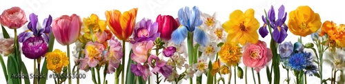 Colorful array of tulips and irises in full bloom.