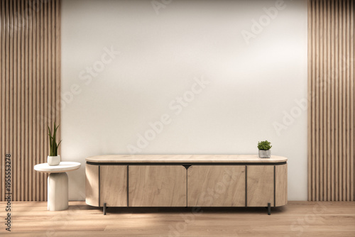 Modern Mock up japandi Cabinet wooden, japanese design on living room zen style, white wall background.3D rendering