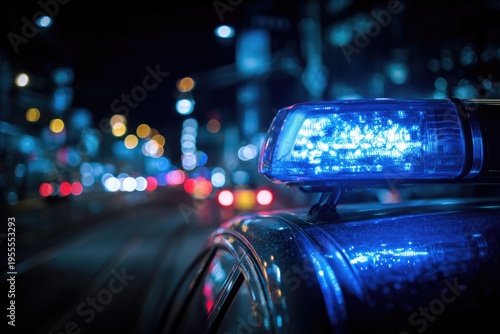 Police car with flashing blue lights at night.