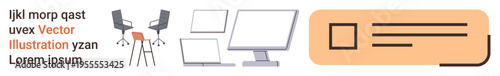 Office design, workspace setup, modern tech, business planning, corporate layout, digital workflow. Chairs, computer monitors and abstract rectangle. Office design and workspace setup concept