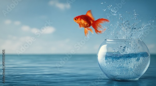 Goldfish leaping from bowl to ocean, a symbol of freedom.