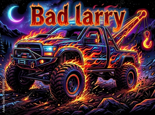 fiery flaming burning flames neon glow design towtruck text bad-larry illustration