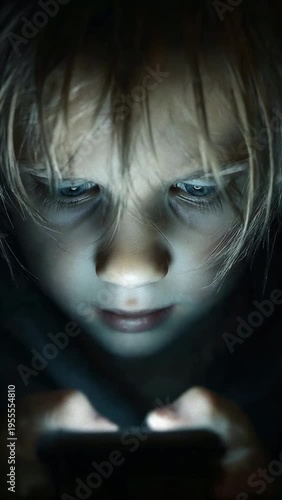 A close-up portrait of a child absorbed in a smartphone at night, face lit by cool blue screen glow. The image evokes focus, isolation, late-night screen time and modern digital childhood concerns.