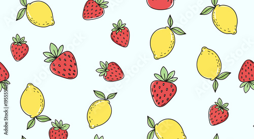 Seamless Pattern of Fresh Strawberries and Lemons on a Light Blue Background