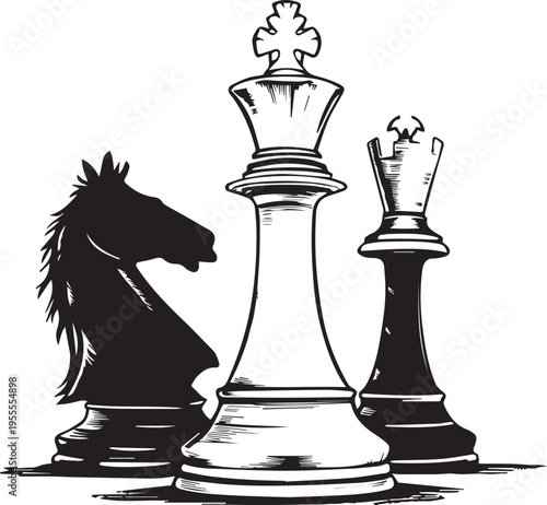 Black and white chess pieces knight king rook bold line vector illustration for strategy game design concept