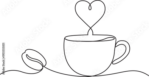 Coffee cup with coffee bean and love sign continuous one line art. 
