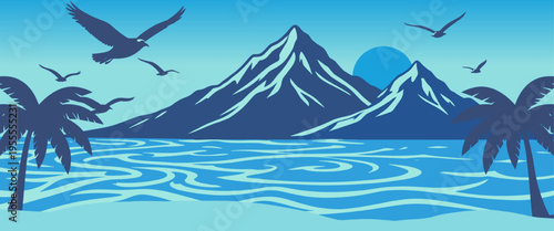 cool blue tropical beach landscape with mountains ocean waves palm trees and flying birds calm coastal illustration for poster wall decor and banner