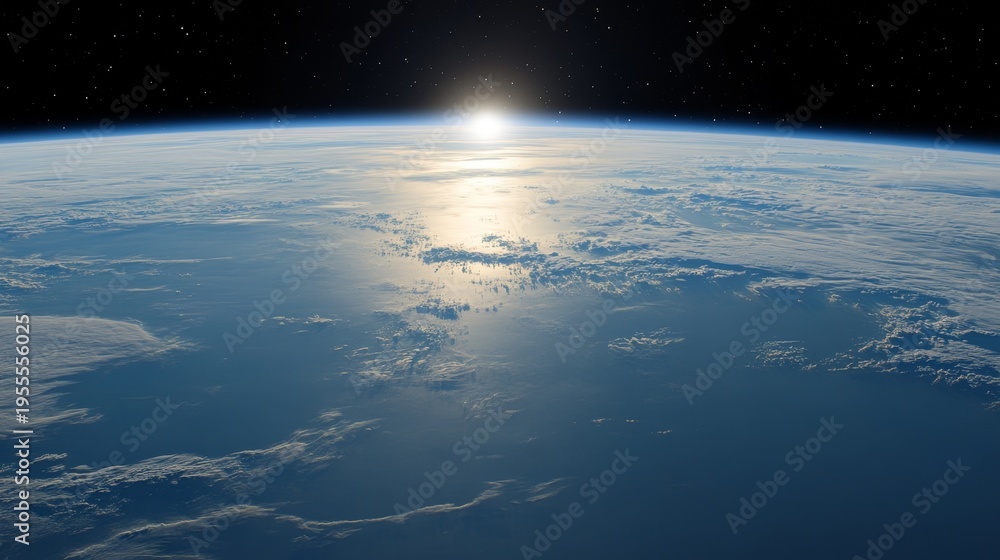 Fototapeta premium Breathtaking view of Earth from space, capturing the sunrise over the horizon and clouds