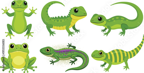 Cute Frog and Lizard Cartoon Character Vector Set with Different Reptile and Amphibian Poses Isolated Wildlife Illustration Collection for Kids Education Zoo Mascot Design