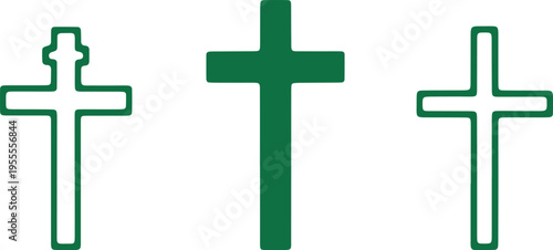 Three distinct styles of crosses displayed side by side in green outline and solid forms
