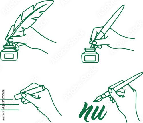 Illustrations of traditional writing instruments in use