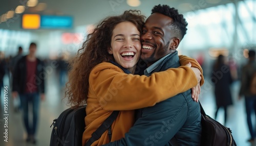 Happy couple embracing at airport terminal after long separation. Excited man and woman hug tightly with smiles, reunited after travel, celebrating journey.