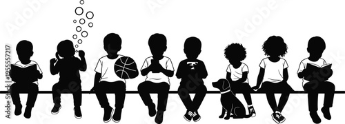Black silhouette of children sitting together in a row, reading books, playing basketball, blowing bubbles, and using gadgets isolated on white background