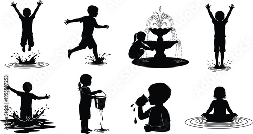 Black silhouette set of happy children playing with water, jumping in puddles, splashing, drinking, and fountain activities isolated on white background