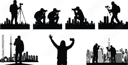 Black silhouette of professional photographers and videographers taking photos of city skyline, urban landscape photography, filmmaker with camera tripod on white background