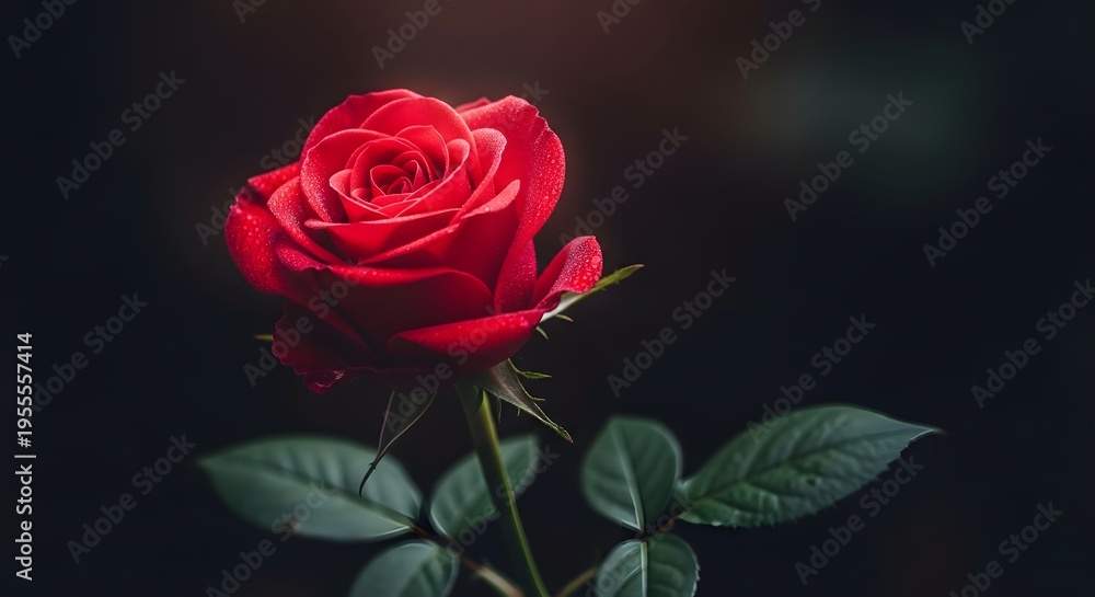 Fototapeta premium A single red rose with green leaves on a dark background